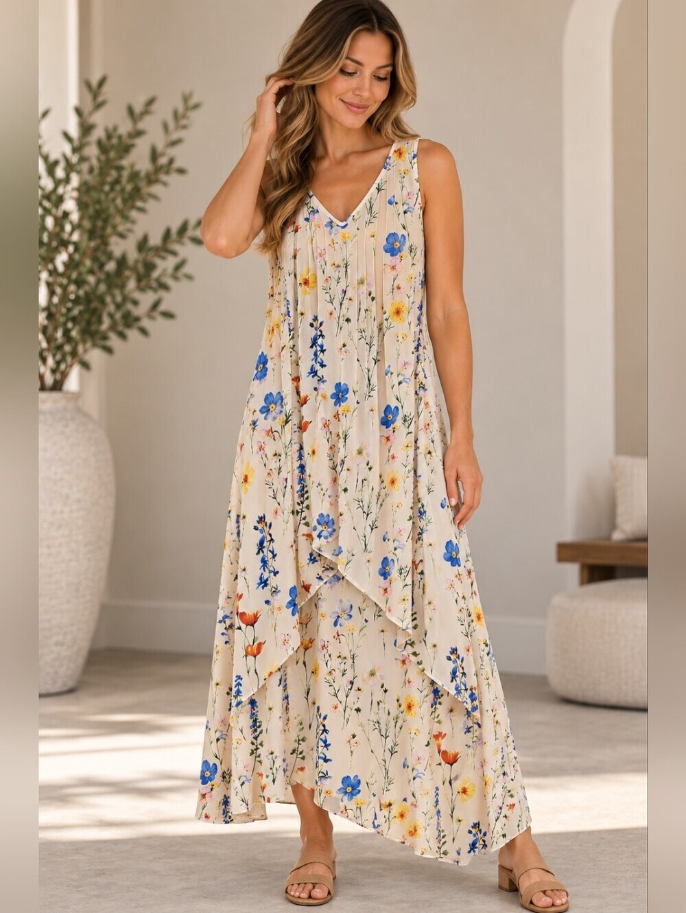 Women’s Floral Maxi Dress Cream Multicolor Pleated V Neck Asymmetrical Hem